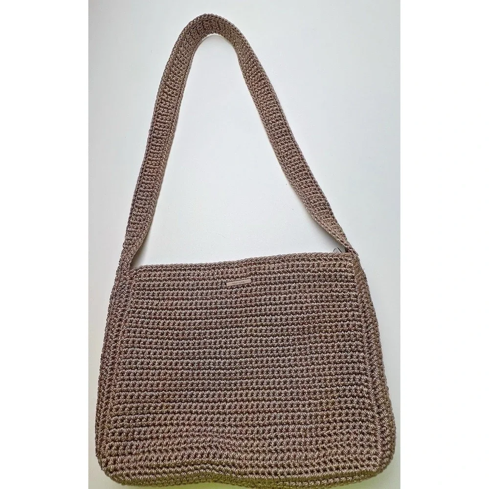 The Sak Purse Womens Brown Crochet Shoulder Bag Pockets Zip